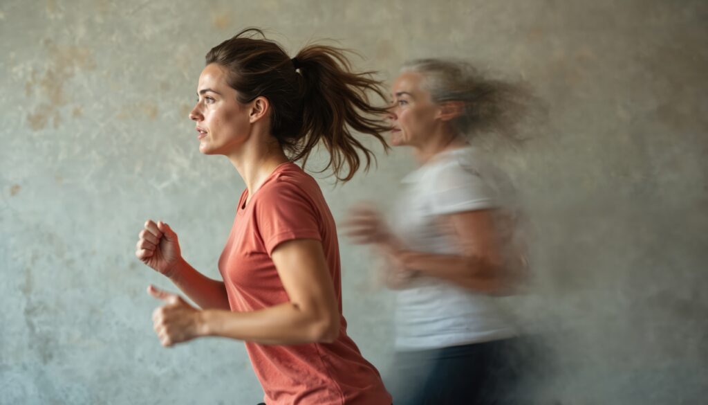 Young woman runs with older self blurred behind. Concept of ageing, fitness, health, active lifestyle, vitality. Transformation, change, progress, improvement. Sport, exercise, wellness, time, future.